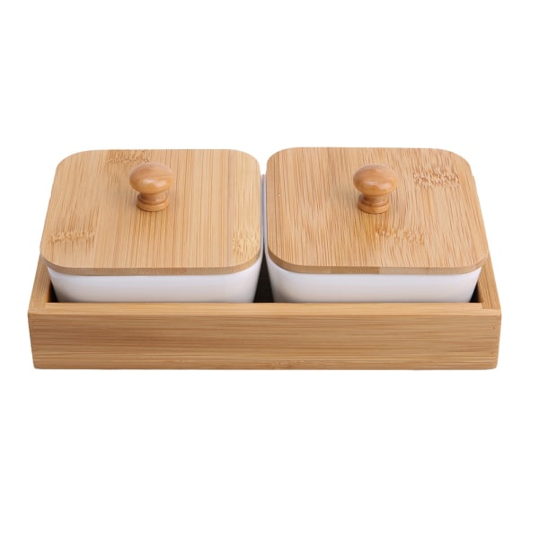 Keramisk serveringsfat for snacks med bambusbrettlokk for frukt, nøtter og desserter (2 rom)