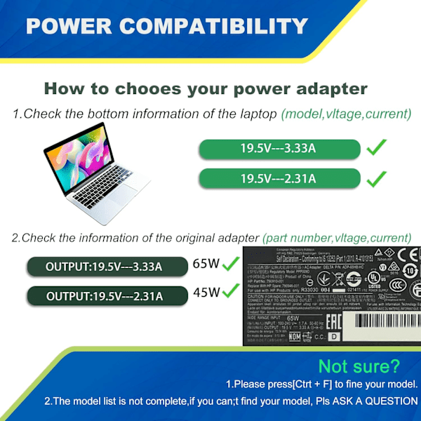 Anpassad Laptopladdare, 65W USB-C Laddare för HP ProBook, AC Ingångsspänning 110V-240V, Kortslutningsskydd, Strömkabel för Elitebook