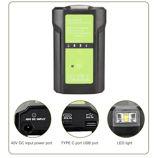 40V laddare dimbar LED-lampa USB-utgångsindikator litiumbatteriladdare för Greenworks 29472 29482 29462 29252