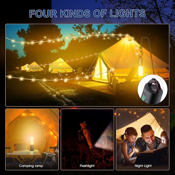Nature's Glow: 4-i-1 Design, Portabel Campinglykta, Vattentät IPX6, Uppladdningsbara Campingslingor, Atmosfärslampa, Multifunktionell För Alla