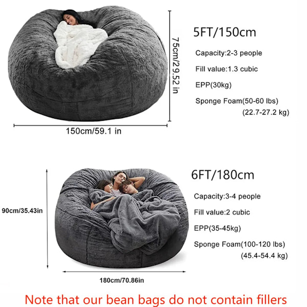 Fluffy bean bag stoltrekk for voksne (uten fyll) grå 180 x 90 cm