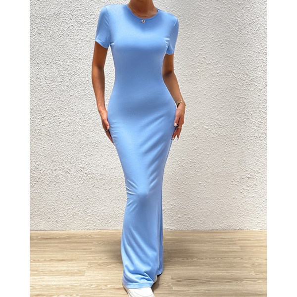 Dam Kortärmad Bodycon Maxiklänning Rund Hals Fisksvansfåll Casual Slim Fit Midiklänning Blå M