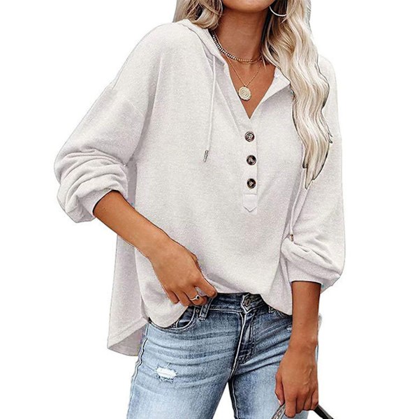 Dam Knapptröja V-ringad Långärmad Pullover Topp Med Dragsko för Kontor Träning Vit XL