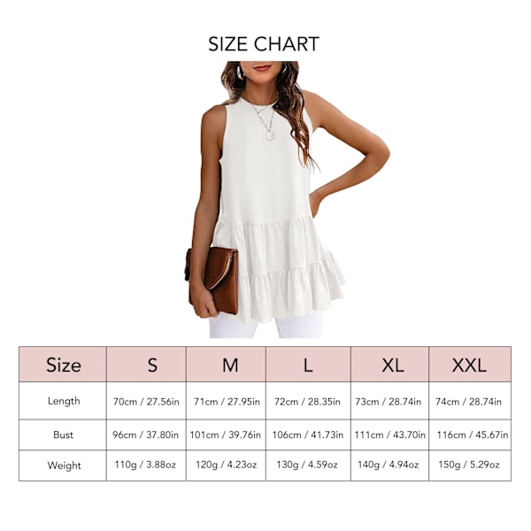 Women Sleeveless T Shirt Round Collar Ruffle Hem Loose Type Pure Color Summer Top for Daily Wear White Khaki