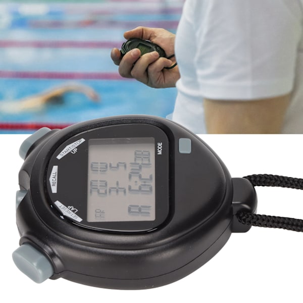 Digitalt stopur - Timer - Multifunktion - 3-linjers display - 100 omgange hukommelse - Nedtælling - 12/24 timers system - Sports stopur