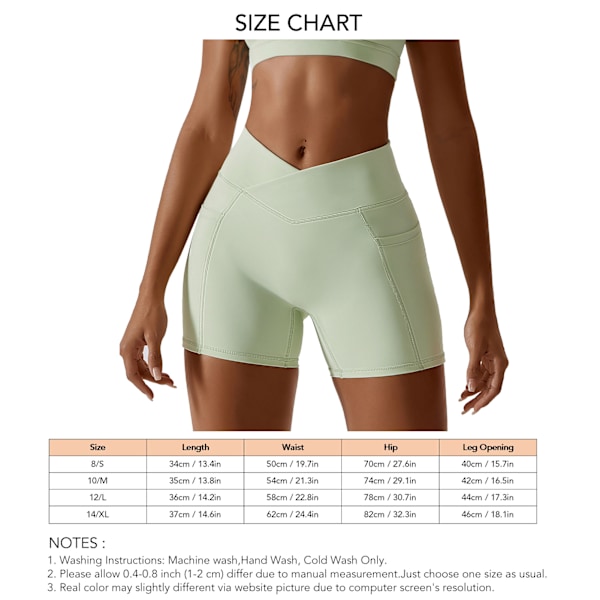 Yoga Shorts med Korsad Midja, Sidoficka, Slim Fit, Trendiga, Stilrena, Enfärgade Träningsshorts med Korsad Midja, Ärtgrön 12/L