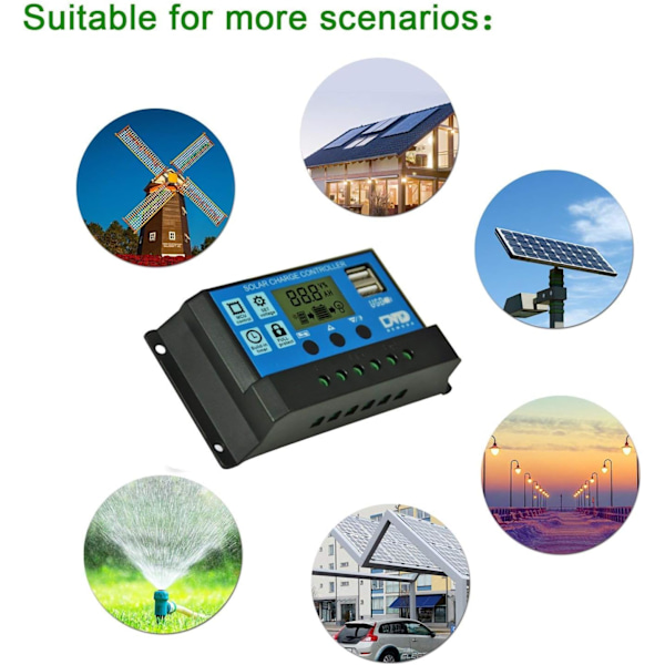 Mångsidig Solcellsregulator, 12V/24V Automatiskt Justerbar Solpanelkontroller med Dubbla USB-Portar, Industriell Mikrokontroller och Parameter