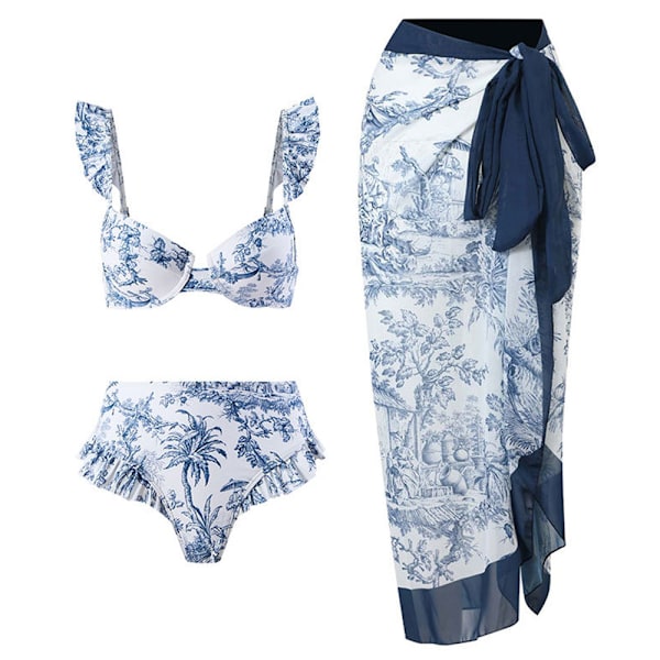 1 blå print split tredelt kvinde slank retro print med en multi-purpose wrap kjole