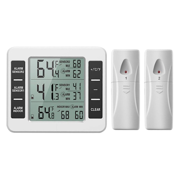 Trådlös digital kylskåpstermometer, uppgraderad version av digital frystermometersensor, med 2 st sensorslarm och inomhus/utomhus