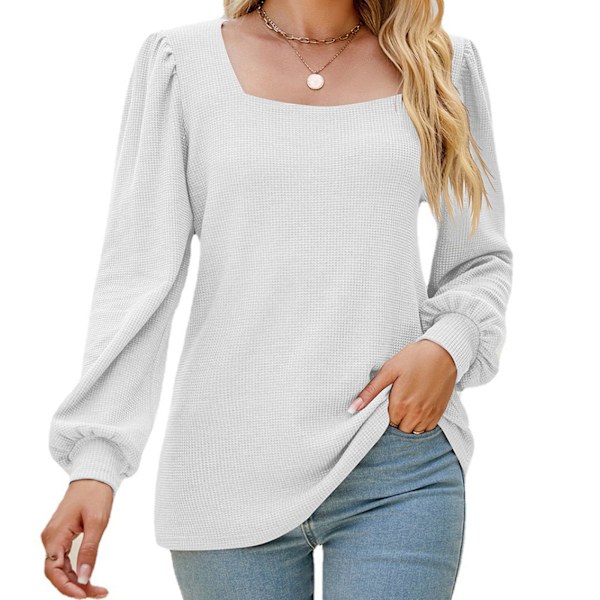 Dam Puffärm T-shirt Lös Enfärgad Tröja Kvinnlig Långärmad Casual Topp Vit S