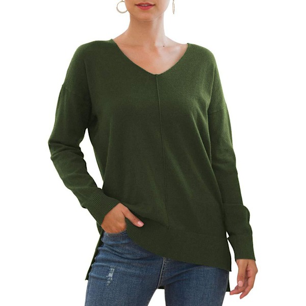 Stickad Tröja Långärmad V-ringad Enfärgad Sidosprund Pullover Casual Toppar för Kvinnor OD Grön S