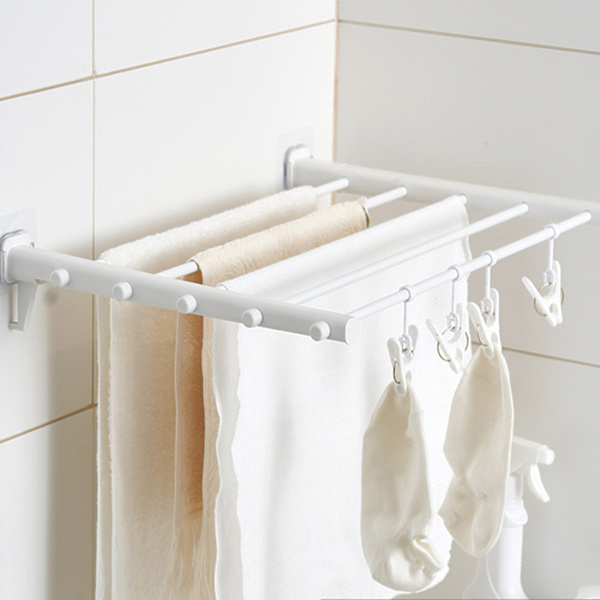 Vægmonteret Tøj tørrestativ Foldbart Teleskopisk Stempel Fri Plastik Vasketøj Stativ til Indendørs Balkon 530mm 4 Clips