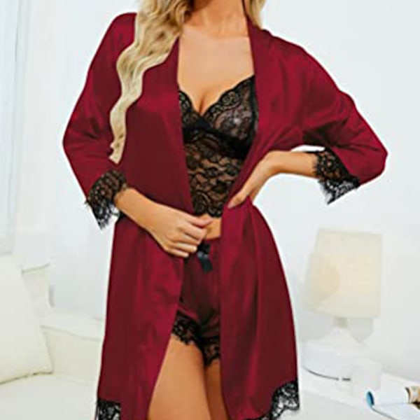 4-delad kvinnors satin blommig spets cami topp underkläder pyjamas set med morgonrock dressing gown kimono underkläder set satin pyjamas spets morgonrock bh