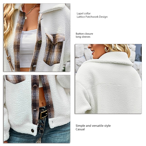Fuzzy Jackor Dam Slag Långärmad Trendig Casual Rutig Patchwork Dam Vinter Fleece Ytterkläder Vit XL