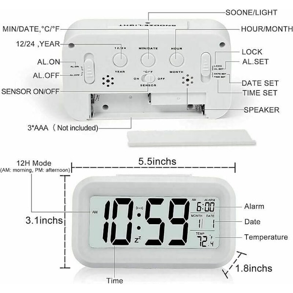 Digital väckarklocka med inomhustemperaturmätare, stor display, tyst drift, stigande alarm, 12/24H-display för sovrum (Vit)