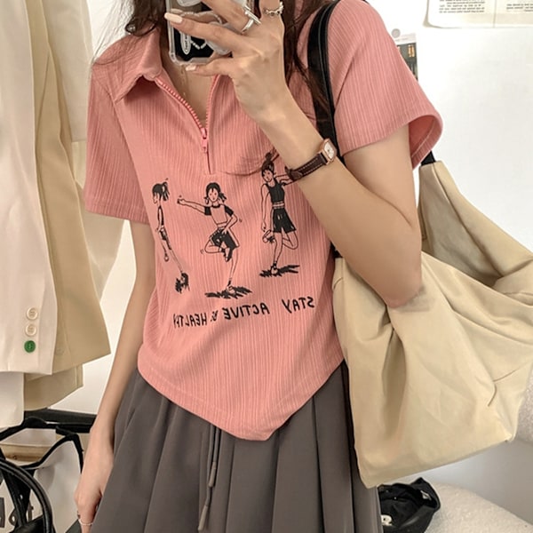 Kortärmad blus med asymmetrisk fåll, nedvikt krage, dragkedja, tryckt kortärmad blus för kvinnor, damer, flickor, rosa L