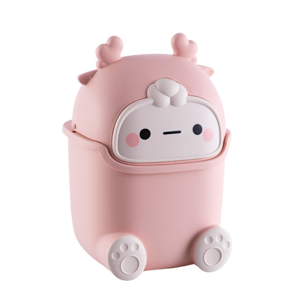 Lille skraldespand i plastik til skrivebord - Mini skraldespand med låg til hjemmet - Pink Little Elk