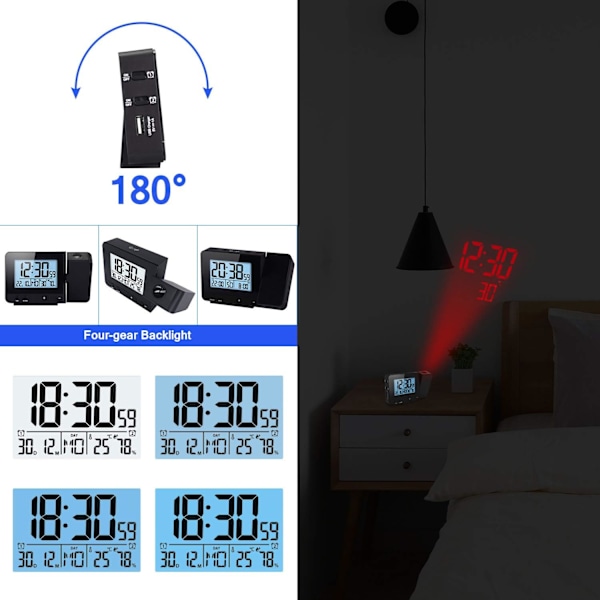 Projektionsväckarklocka, Digital LCD-skärm med Dubbla Alarm och Progressiv Volym, Perfekt för Barn, Lättinställd Dimmer, Helgläge