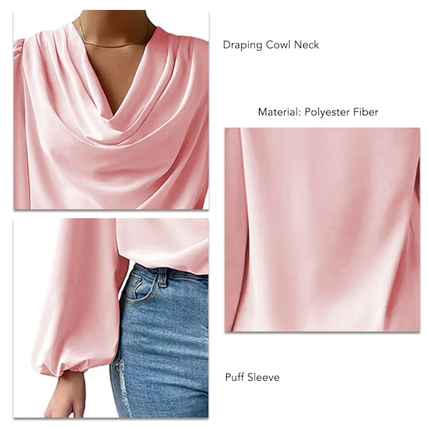 Dam Draperad Krås Krage Långärmad Skjorta V-ringad Enfärgad Topp Mode Puffärm Topp Rosa 3XL