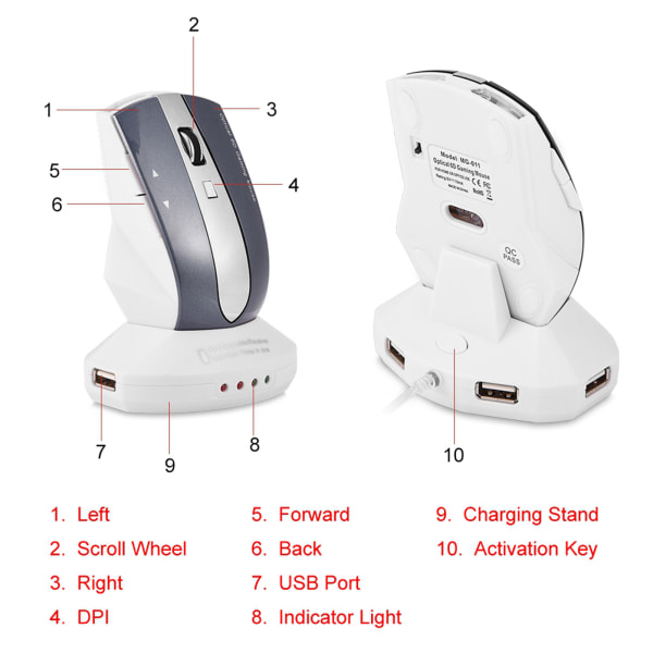 2,4 GHz trådlös optisk spelmus med laddningsdocka USB-hub vit grå