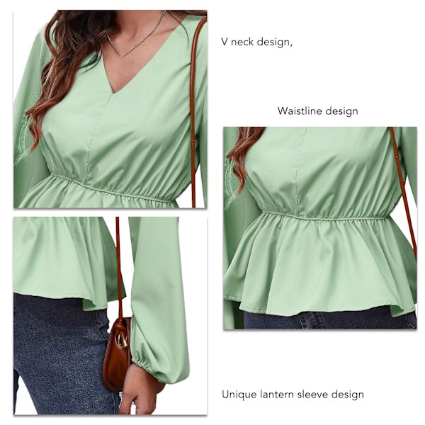 Dam V-ringad Blus Lykta Långärmad Smal Midja Volangfåll Enfärgad Elegant Casual Relax Fit Topp Grön L