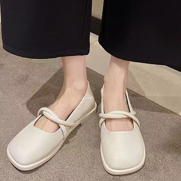 Fyrkantig Tå Sko 2 Vridna Remmar Mjukt Foder Halkfri Sula Elegant Festsko Present Beige 38