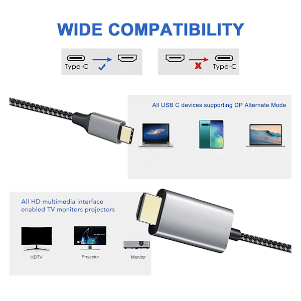 USB-C til HD Multimedia Interface Kabel 4K ved 60Hz Type C til HD Multimedia Interface Adapter til Galaxy S22 til XPS 3m/9,8ft