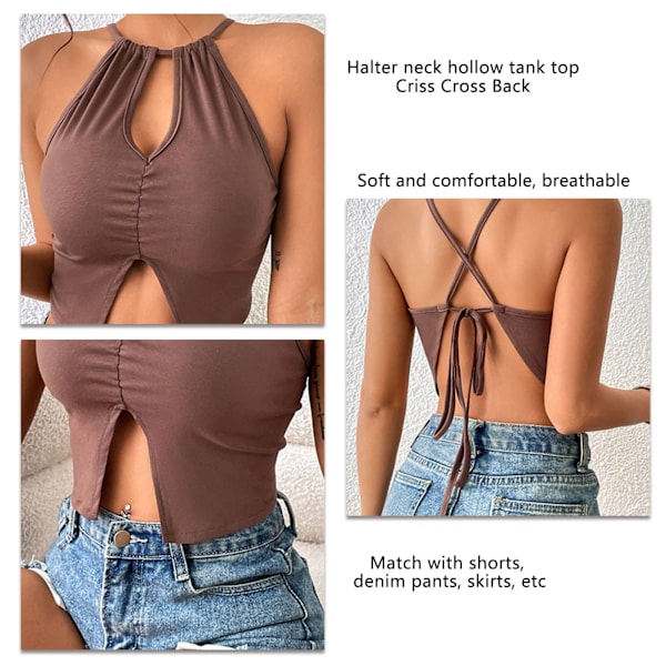 Halterneck Urringad Tanktop Dam Sommar Enfärgad Korsad Rygg Ärmlös Tröja för Dejting Brun XL