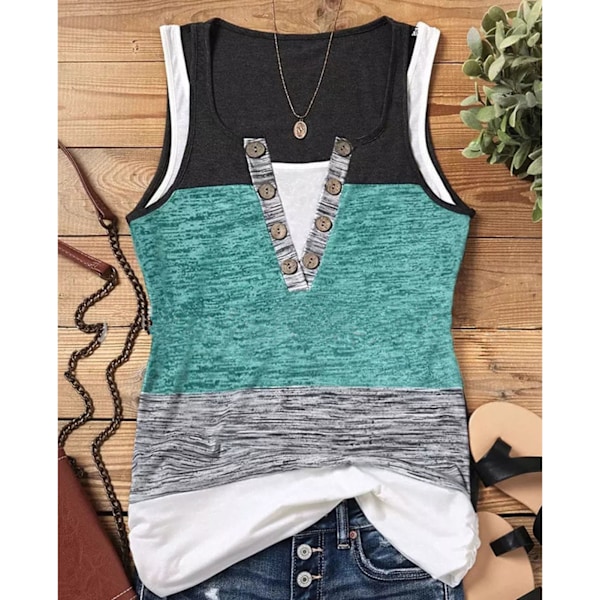 Dam Fejk Tvådelad Tank Top Sommar Vardaglig Elegant Färgblock Knapp Ärmlös Skjorta för Kontorsarbete Cyan M