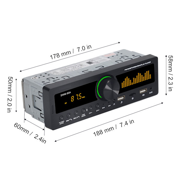 Auton stereot MP3-soitin 12V Bluetooth 5.0 AUX-tulo FM AM -radio Virrankatkaisun muistitoiminto Auton stereot värikkäillä valoilla 80A
