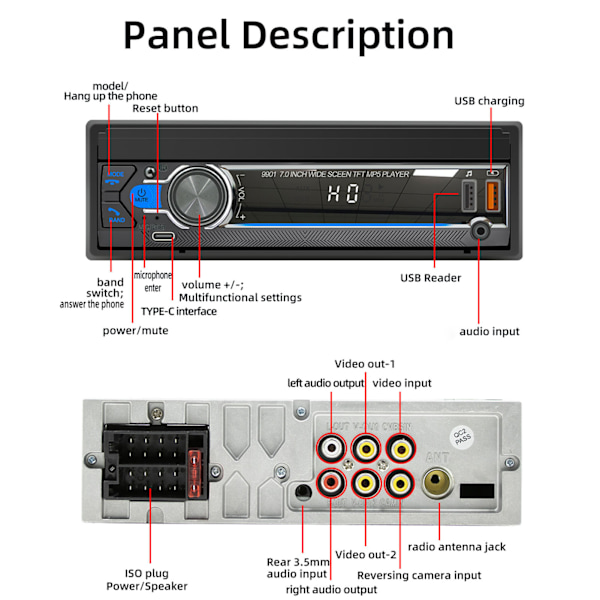 7in Bil MP5-spelare HD Retractable Screen 12 LED Backup-kameror Trådlös Carplay för Android Auto Bil Multimedia-spelare