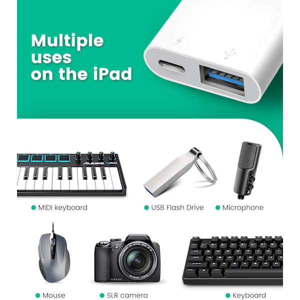 iPhone iPad OTG-adapter, Lightning till USB-omvandlare med Plug and Play & Laddningsport, USB-minne & Kortläsarkompatibilitet Midi