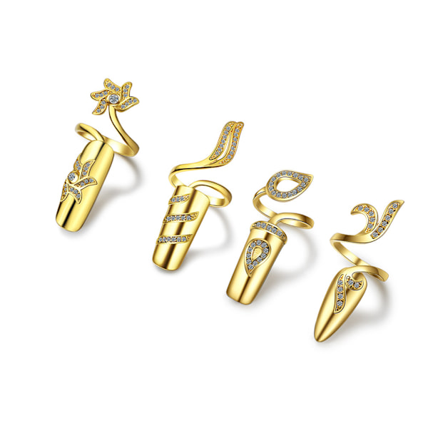 4 stk. Trendy Rhinestone Neglring Blomster Krystal Fingerspidsringe til Kvinder