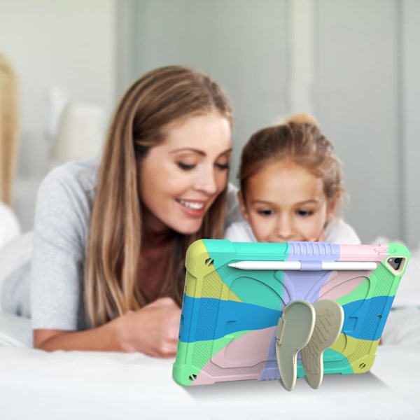 Kotelo iPad 9./8./7. sukupolven kotelolle, jossa on kynäteline, jalusta ja olkahihna, Butterfly iPad 10,2 tuuman kotelo 2021/2020/2019 iPad-kotelo - Värikäs
