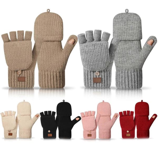 Damstickade halvfingerhandskar Isolerade Vindtäta Dubbla Lager Fleece Foder Vinter Utomhus Beige