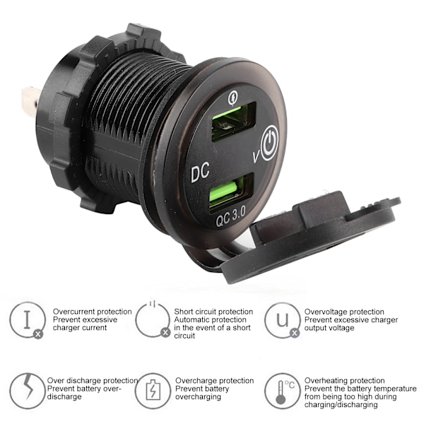 Dobbel USB-port lader QC 3.0 Hurtiglading Vanntett med LED Voltmeter for Bil Båt Yacht ATV RV Grønt LED-lys