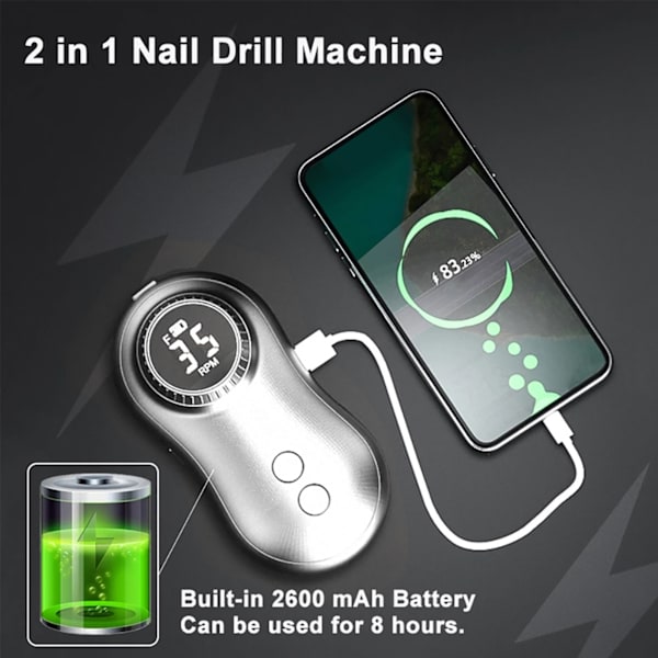 Nagelfilmaskin 35000RPM LCD-Display USB Uppladdningsbar Elektrisk Nagelpoleringsmaskin med 6 Bits