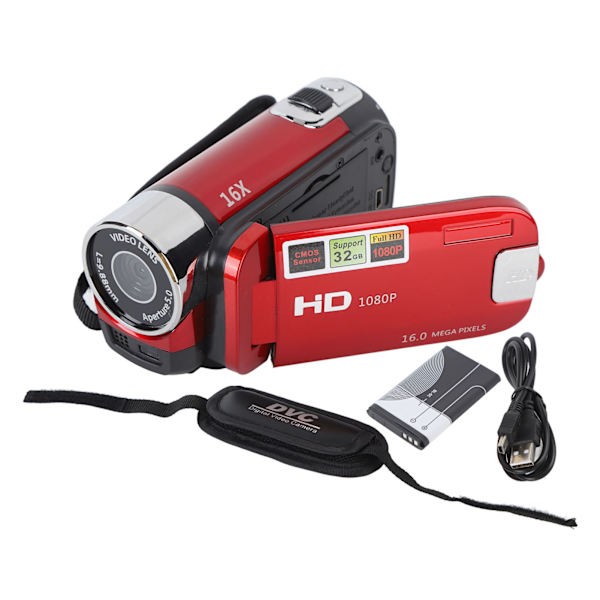 1080P 16MP DV-kamera 2,7 tommer TFT roterbar skærm 16x digital zoom videokamera med USB-kabel rød