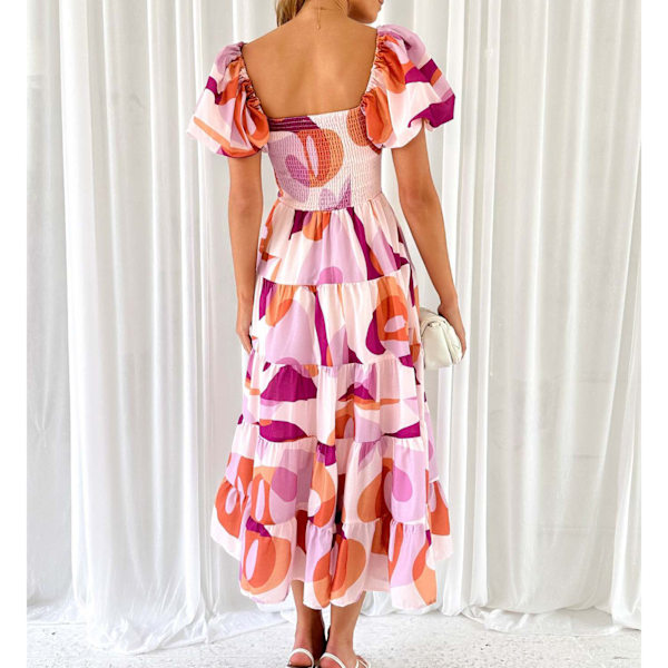Off Shoulder Lång Klänning Puffärm Volangfåll Off Shoulder Rynkad Tryckt Klänning för Kvinnor Vit med Purpurfärgade Cirklar M
