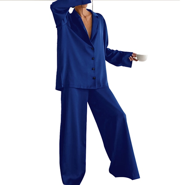 Satin Pyjamas Set Långärmad Byxor i Full Längd Enkelknäppt Nedvikt Krage Satin Nattklädesset Blå L