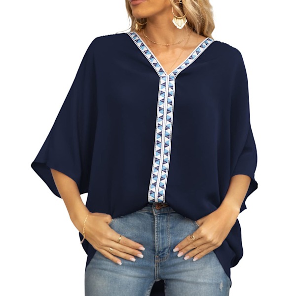 3/4 Ärm Chiffongskjorta V-ringad Tryckt Oversized Lös Passform Blus T-shirt för Kvinnor Sommar Marinblå XXL