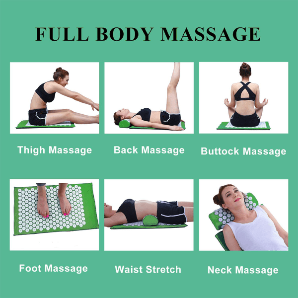 Yogaakupressurmatta och set med väska, massageakupunktur Green