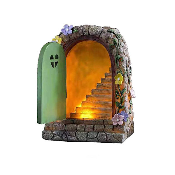 Solcelle Fe Dør Statue Resin Miniature Dør Skulptur til Have Gårdsplads Yard Dekoration