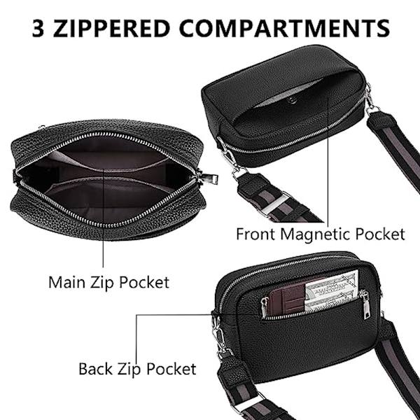Crossbody taske til kvinder, lille læder kamerataske tyk rem Cross-body tasker, Triple lynlås skuldertaske