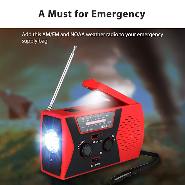 Solardriven väderradio, handvevad självdriven nöd-FM/AM-radio bordslampa LED-ficklampa med 2000 mAh uppladdningsbart batteri och karbinhake för hemmet