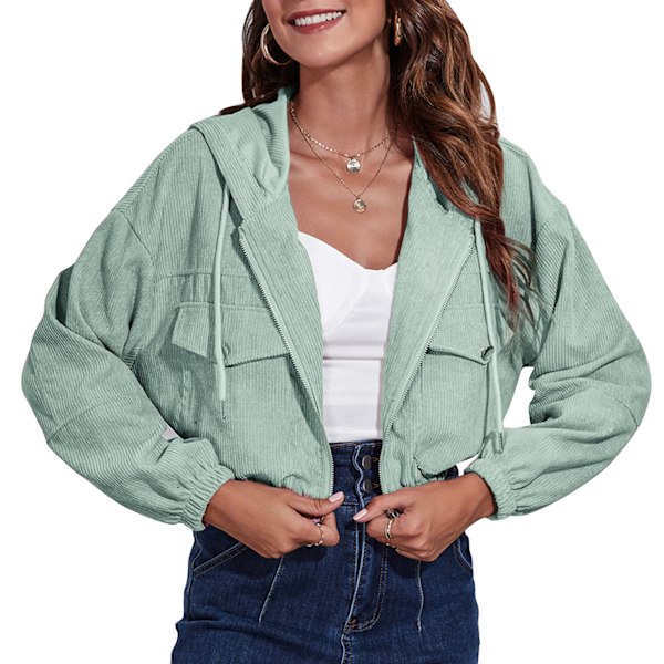 Dam Huva Jacka i Manchester Casual Långärmad Dragsko Hoodie Croppad Jacka för Höst Vinter Ljusgrön XL