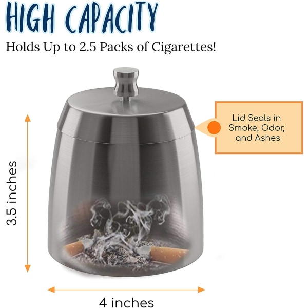 Rostfritt Stål Ashtray för Inomhus/Utomhus med Lock. Vindtät Cig