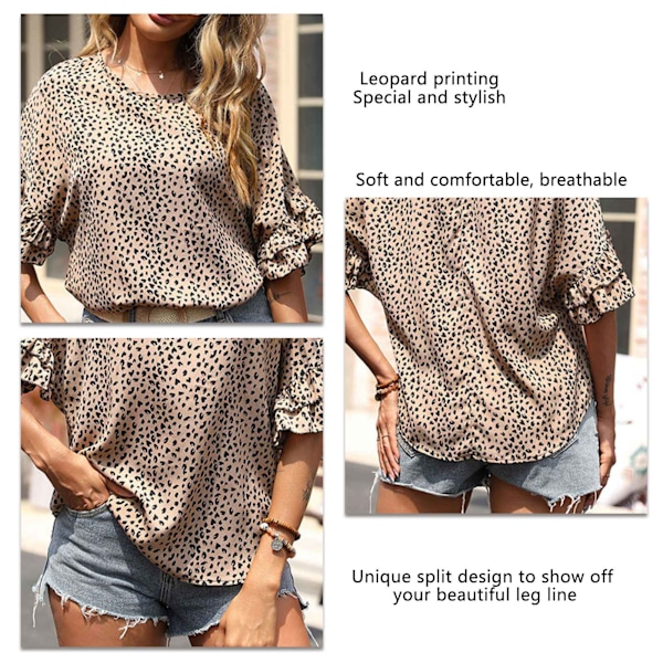 Dam T-shirt med Rund Hals Leopardtryck Korta Volangärmar Lös Passform Sommar Blus Khaki S