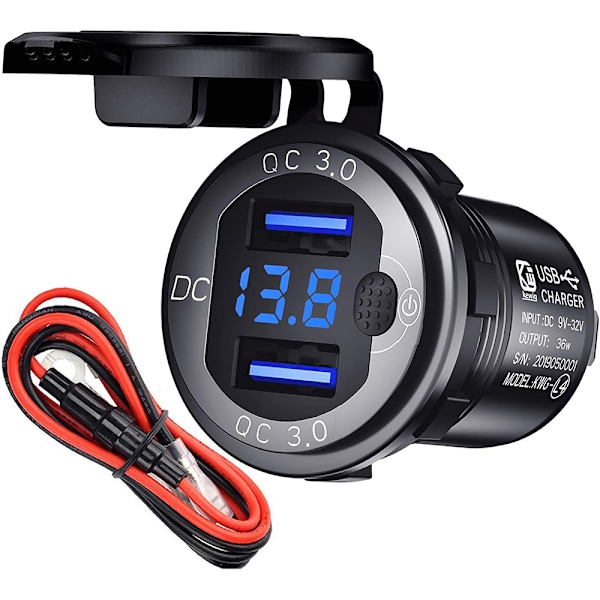 Aluminium Strömuttag för Bil, Motorcykel, Lastbil, Quick Charge 3.0 Dubbel USB-laddare med Skyddslock, Digital Voltmeter och Enkel Installation