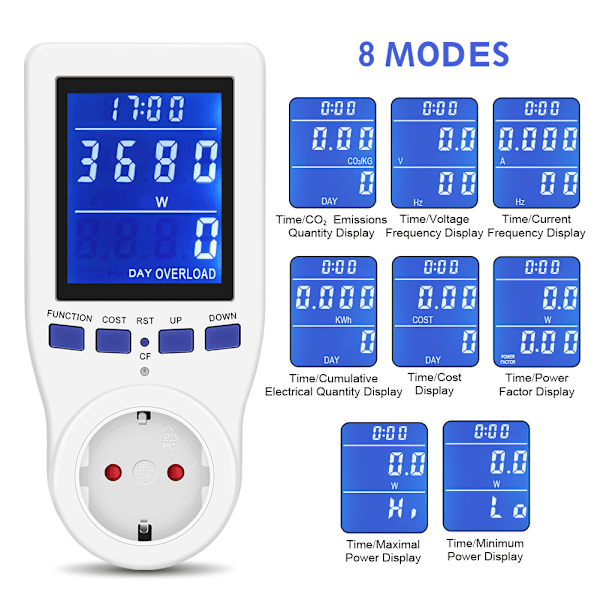 Strømmåler Energimonitor Elektrisitetsforbruk Volt Ampere Watt kWh Forbruk